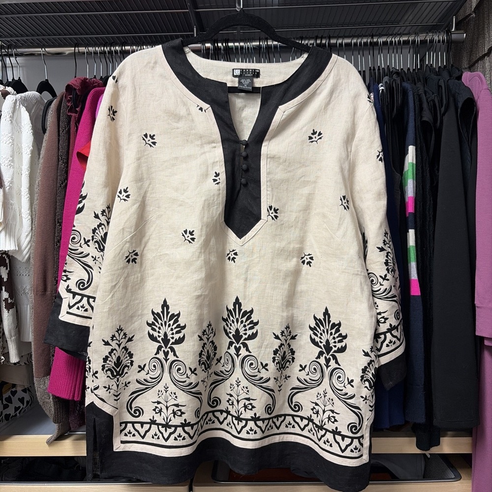 Carole Little Beige Black Boho Linen Shirt Size 1X 100% linen 3/4 Sleeve